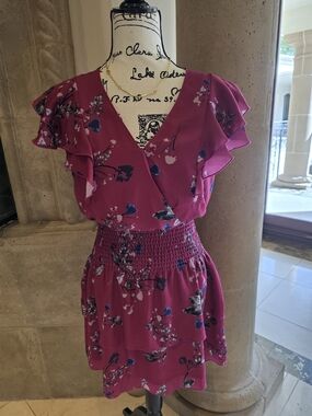 Parker Fuchsia Floral Ruffle-Sleeve Dress